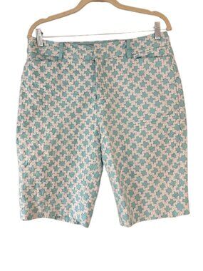 Bushwacker Aqua White Geometric Shorts Flat Front Preppy Golf Casual